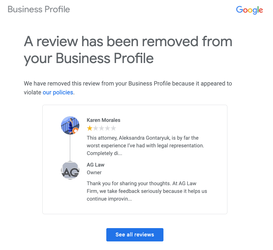 Google Review Removal Notification