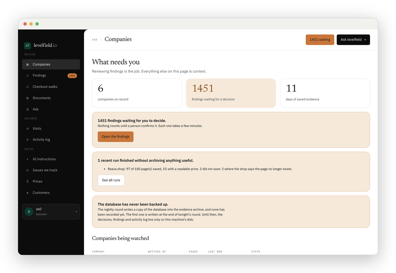 The LevelField dashboard